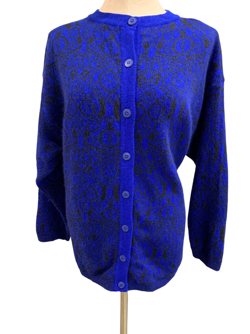 Large Benetton Womens Vintage 1980s Cardigan Sweater Royal Blue Pattern