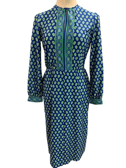 Small 1970s Mod Dress Go Go Blue Green Vintage Midi Mid Calf Union Label