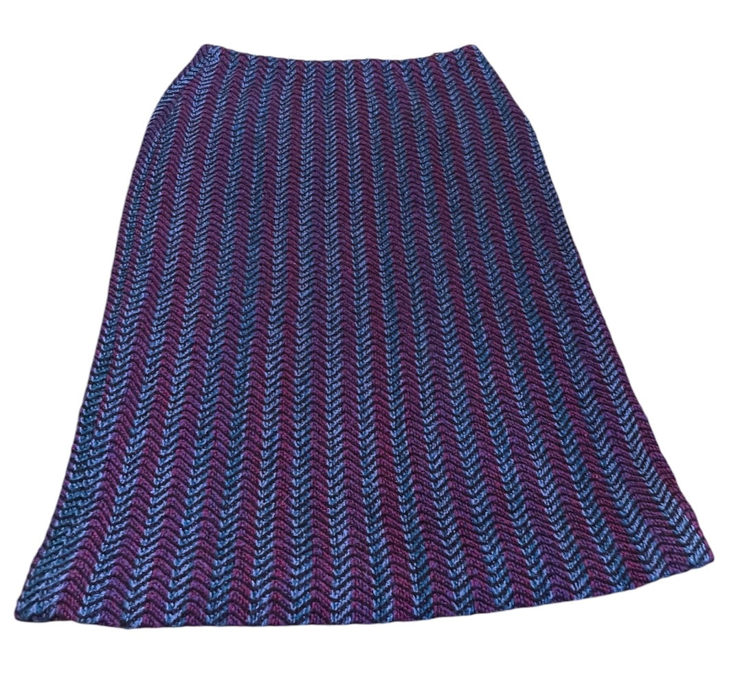 Size 8 Vintage 1980s  Midi Skirt Pull On Wool Blend Black Purple Blue