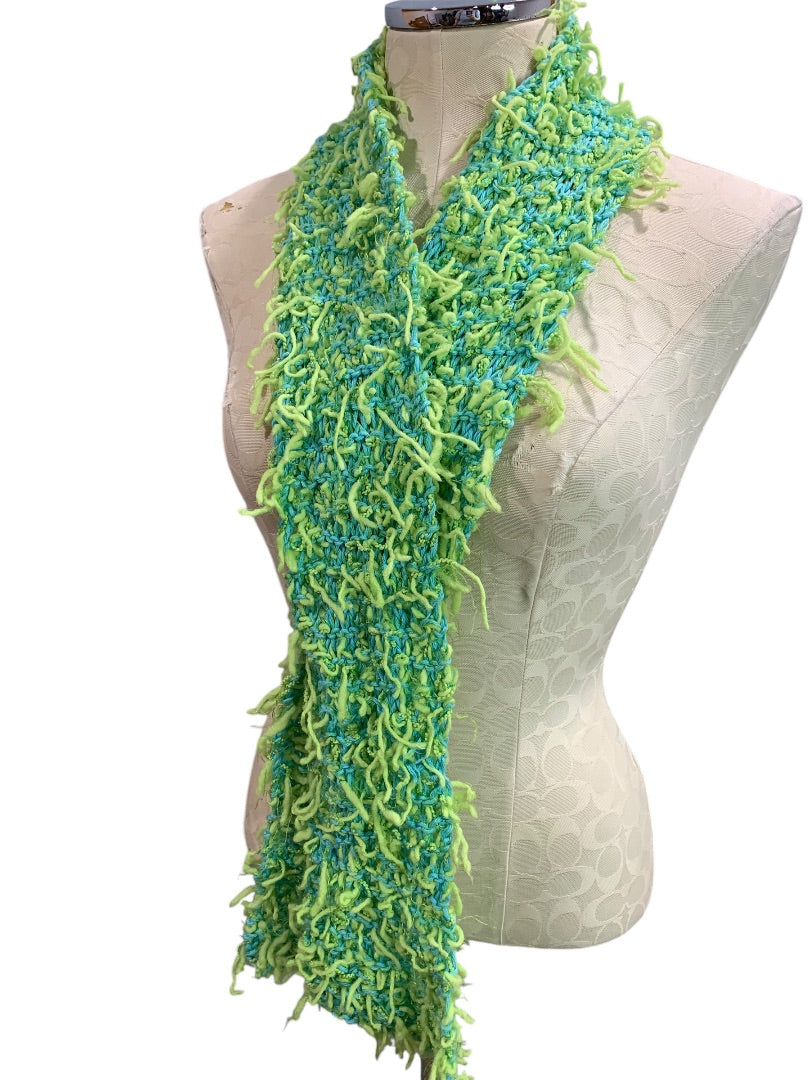 Bright Green Aqua Womens Winter Knit Scarf Shaggy Artsy 59x5 Inches