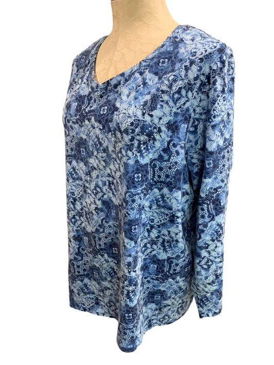 0X (14/16W) Liz & Me For Katherines Blue Pattern V-Neck