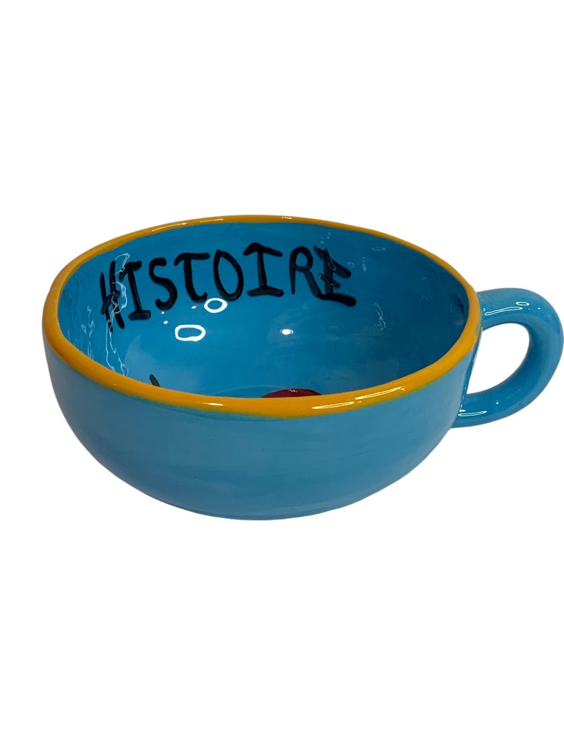 Histoire D'amour Love Story Handpainted Pottery Blue Heart Mug Cappuccino