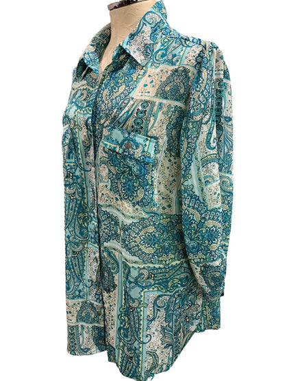 2X Rebecca Malone Plus Size Sheer Button Up Shirt Paisley Blue Silver