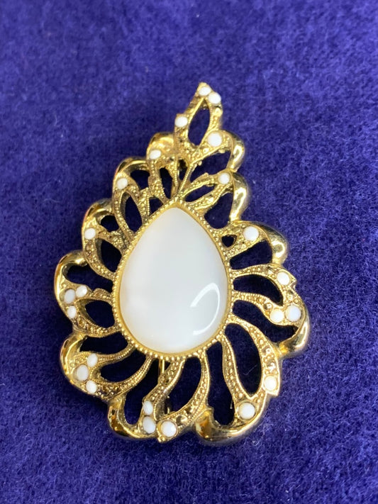 Goldtone Filigree Vintage Brooch White Stone 2.6 Inch