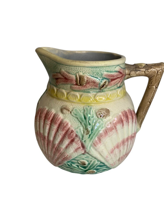 Antique 1880s Majolica Seashell Shell Seaweed Pitcher Pastel 6.5 Inch