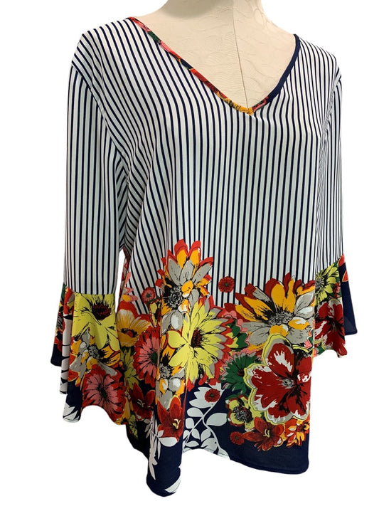 Medium Cherish Popover V-Neck Blouse Floral Striped Shirt