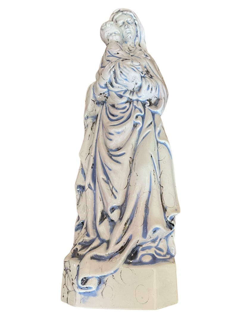Vintage Madonna Baby Jesus Ceramic Figurine Artistic Glaze Blue Black 13.5 Inch
