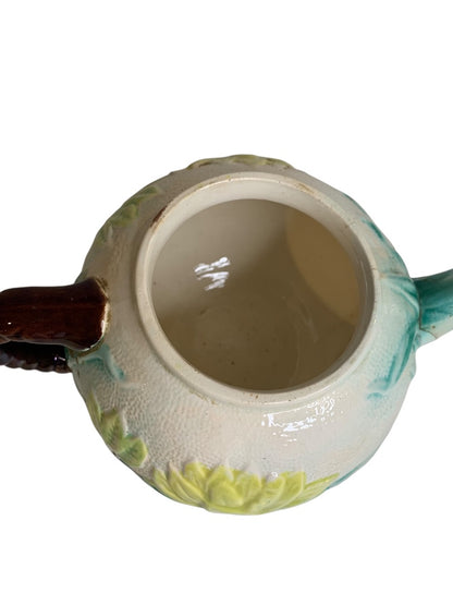 Antique Majolica Water Lily Pond Rope Teapot Pottery 9 Inch
