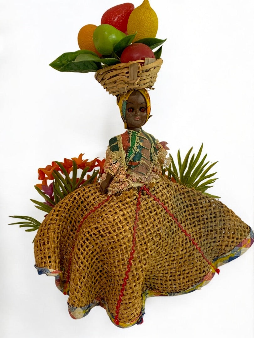 Vintage Souvenir Bahamas Doll Wicker Fruit Basket 12 Inch