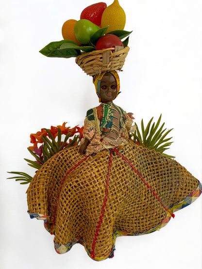 Vintage Souvenir Bahamas Doll Wicker Fruit Basket 12 Inch