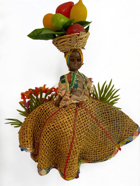 Vintage Souvenir Bahamas Doll Wicker Fruit Basket 12 Inch