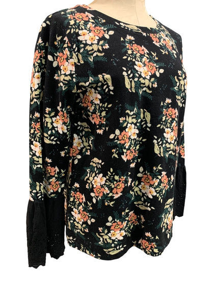 Medium Bobeau Womens Pullover Floral Shirt Eyelet Trim Sleeves