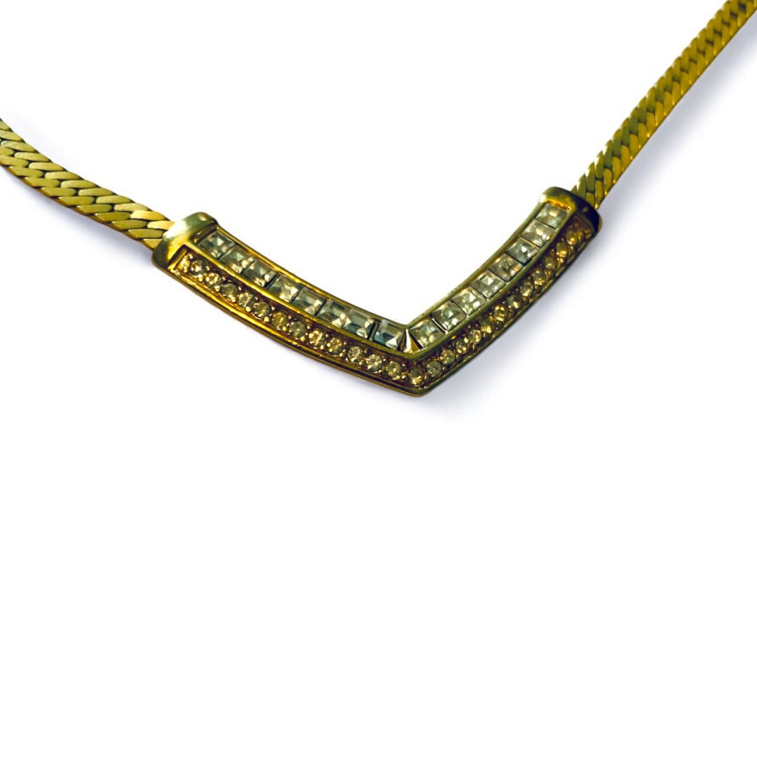 Vintage Signed Trifari Herringbone Necklace Goldtone V Shape Rhinestones 17 Inch Spring Clasp