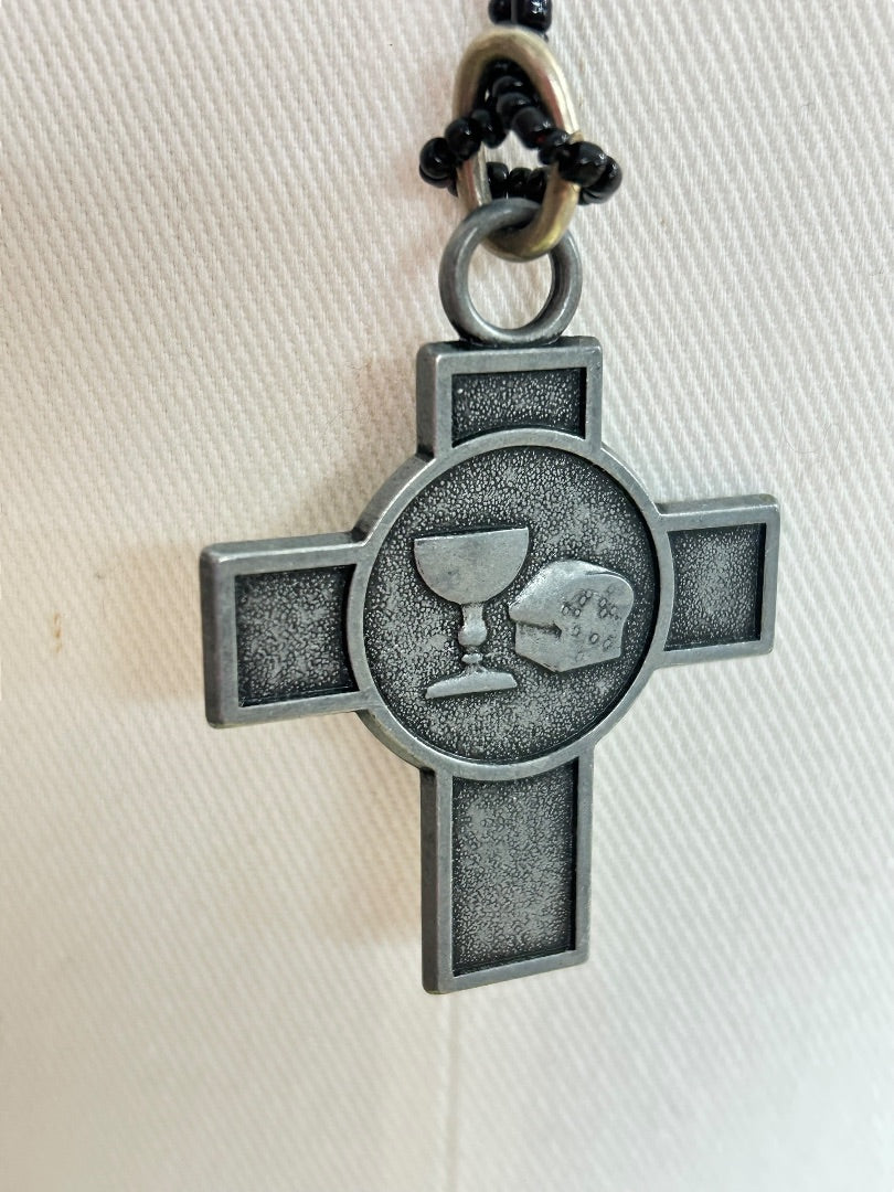 Black 32 Inch Overhead Necklace Pewter Cross Pendant "Christ has Chosen You"