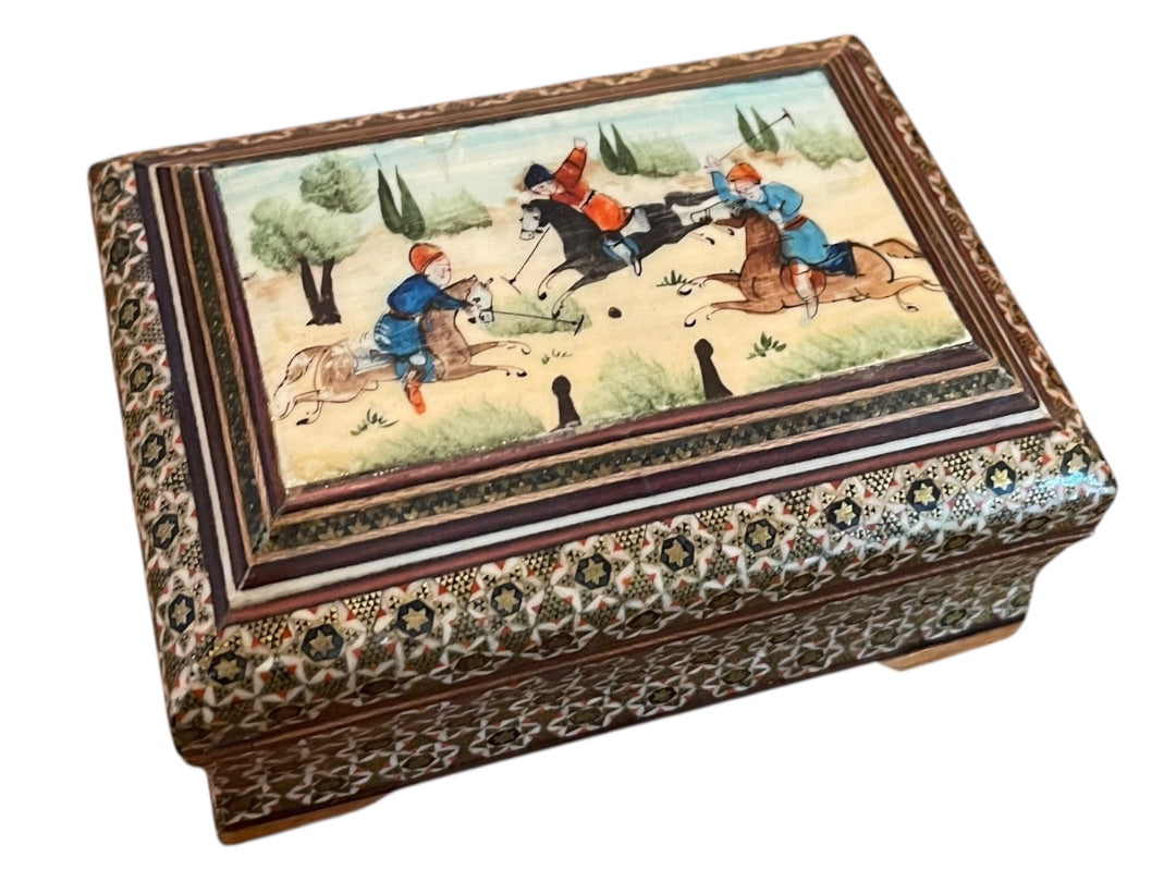 Vintage Khatam Persian Wooden Turkish Trinket Box Hinged Hand Painted