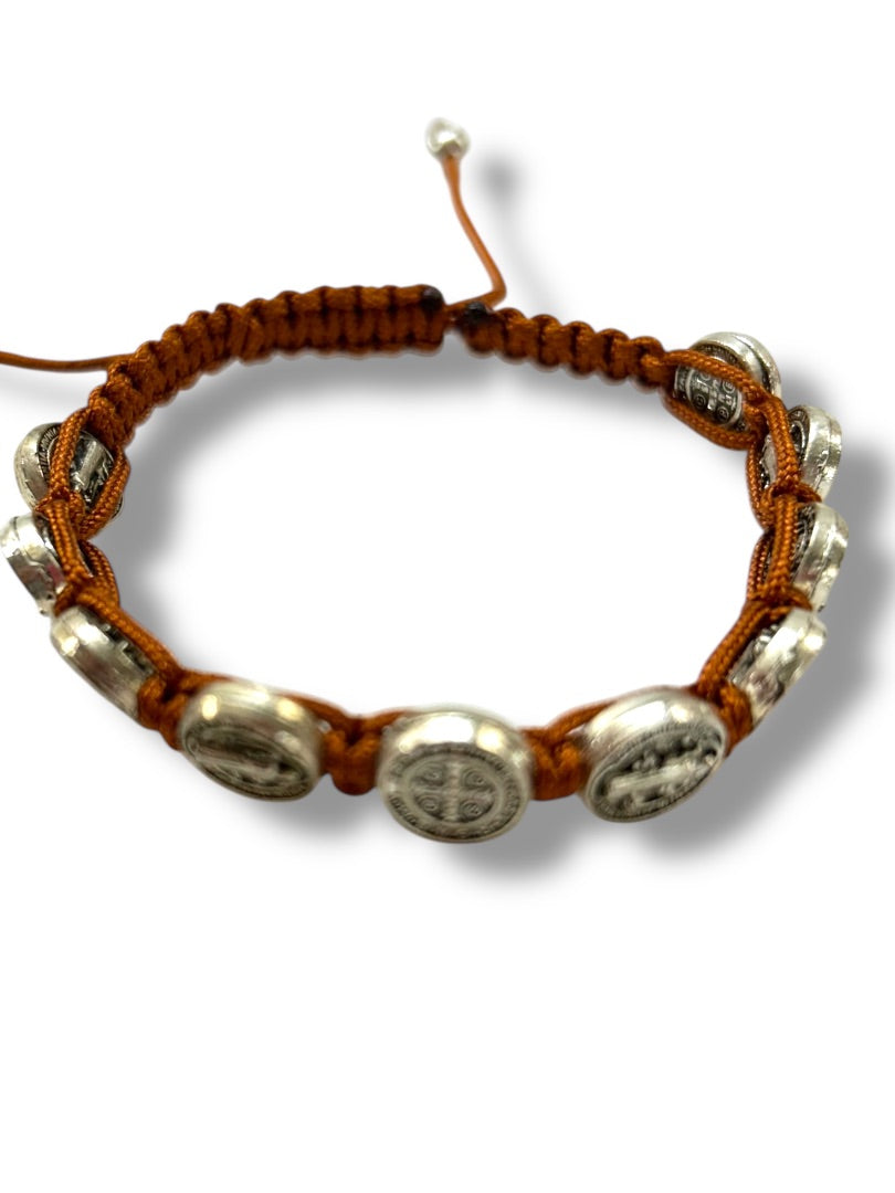 Brown St Saint Benedict Medal Silvertone 8" Adjustable Cord Bracelet