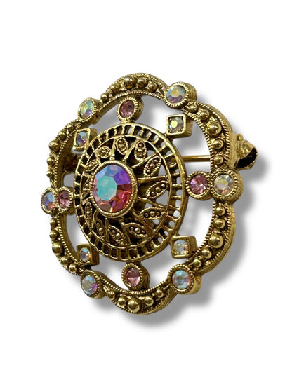 Vintage Brooch Goldtone Filigree Aurora Borealis Crystal 1.25 Inch