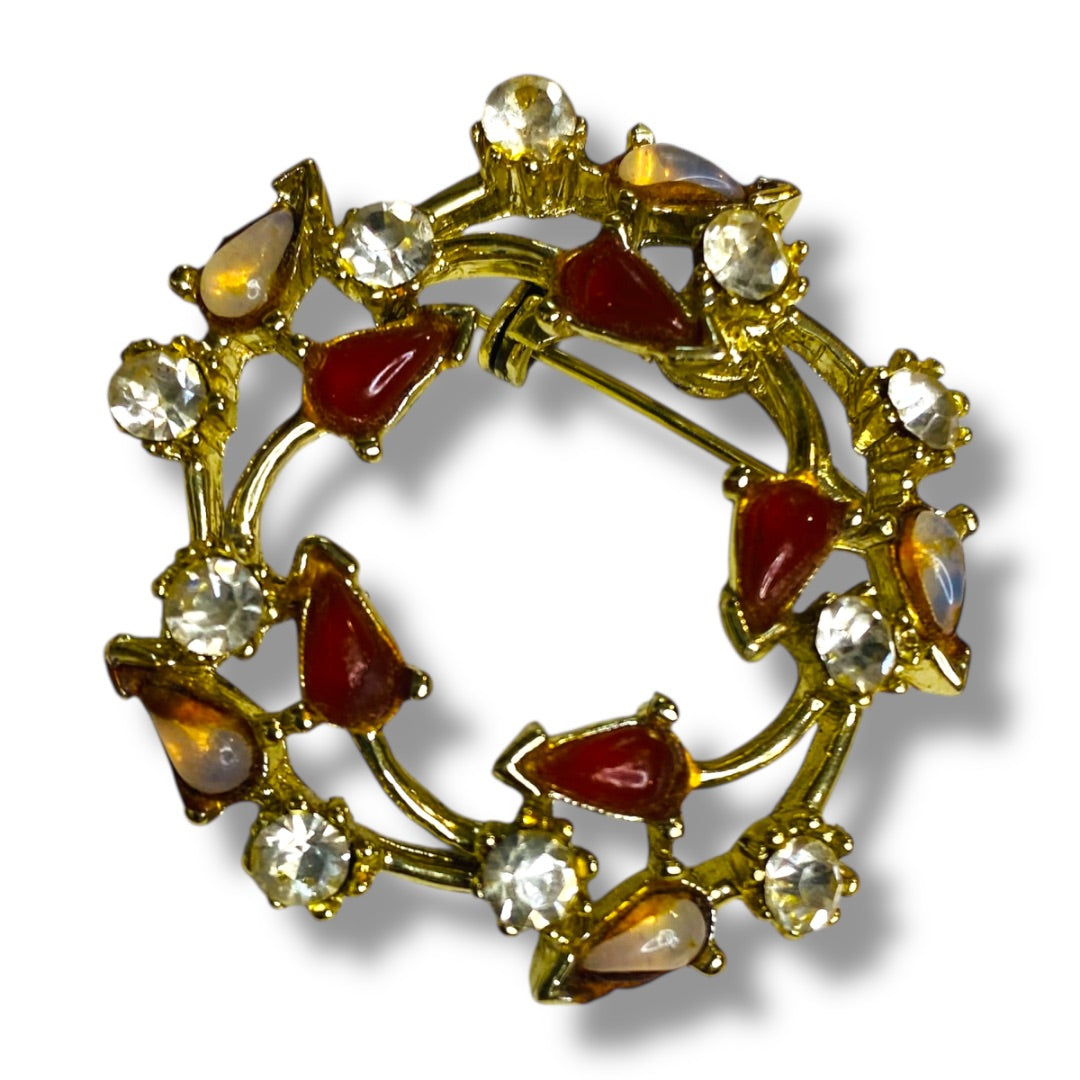 Vintage Goldtone Wreath Brooch Pin Orange Clear 1.5 Inch