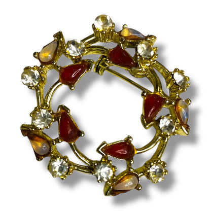 Vintage Goldtone Wreath Brooch Pin Orange Clear 1.5 Inch