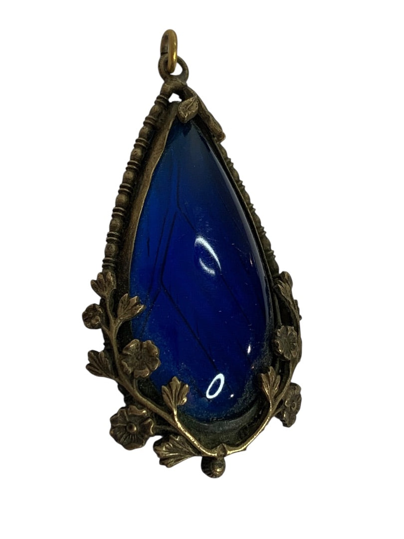 Vintage Statement Pendant Goldtone Floral Setting Blue Acrylic 2.6 Inch Drop