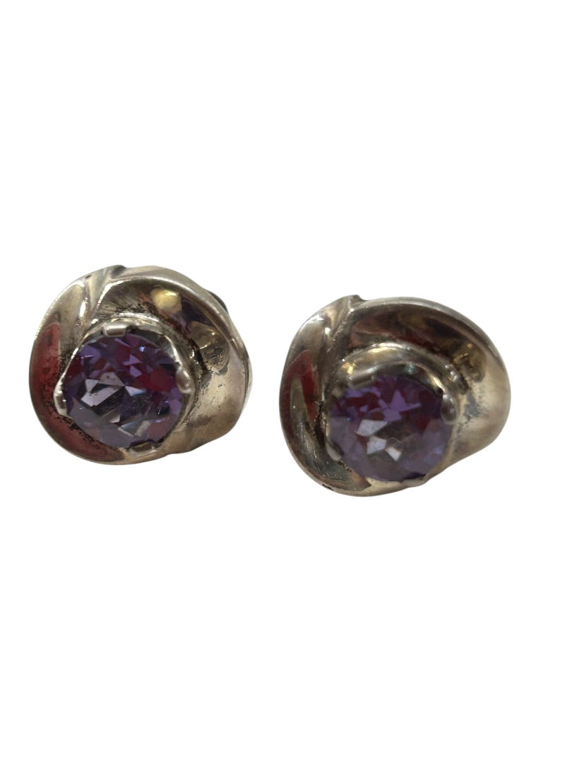 Vintage Silvertone Amethyst Screwback Non-Pierced Earrings .75"
