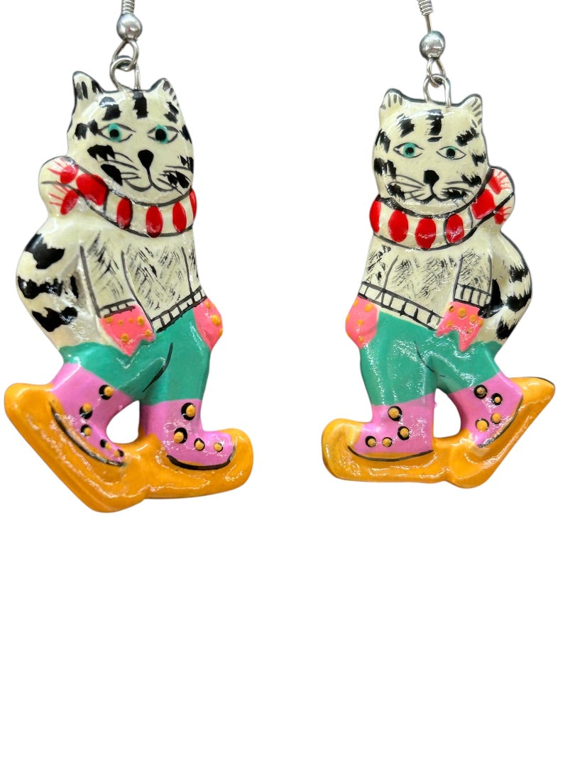 Cat Earrings Iceskating Winter 2.25 Inch Drop Pierced Fish Hook