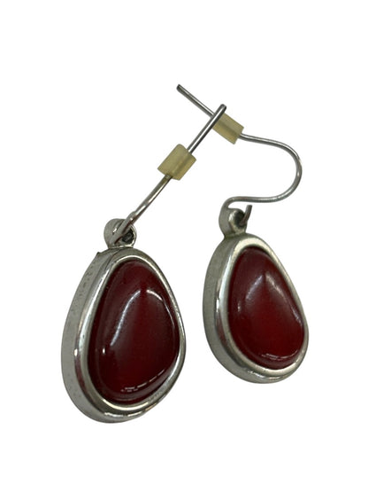 Silvertone Red Fishhook Pierced Earrings 1.2 Inch Drop Free Form