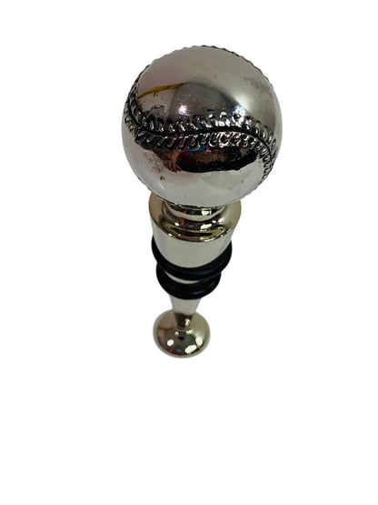 Silvertone Bottle Stopper Metal Baseball Theme 4" Rubber