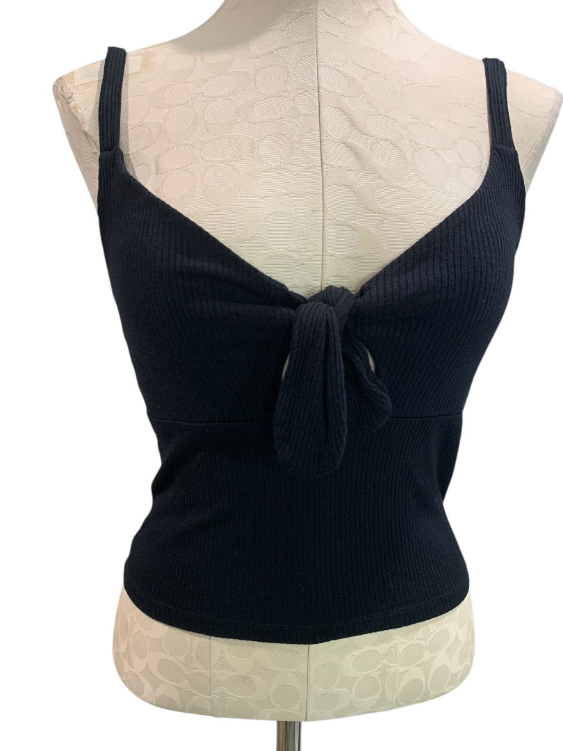 Large Forever 21 Crop Tank Top Shirt Womens Black Ribbed Tie Front