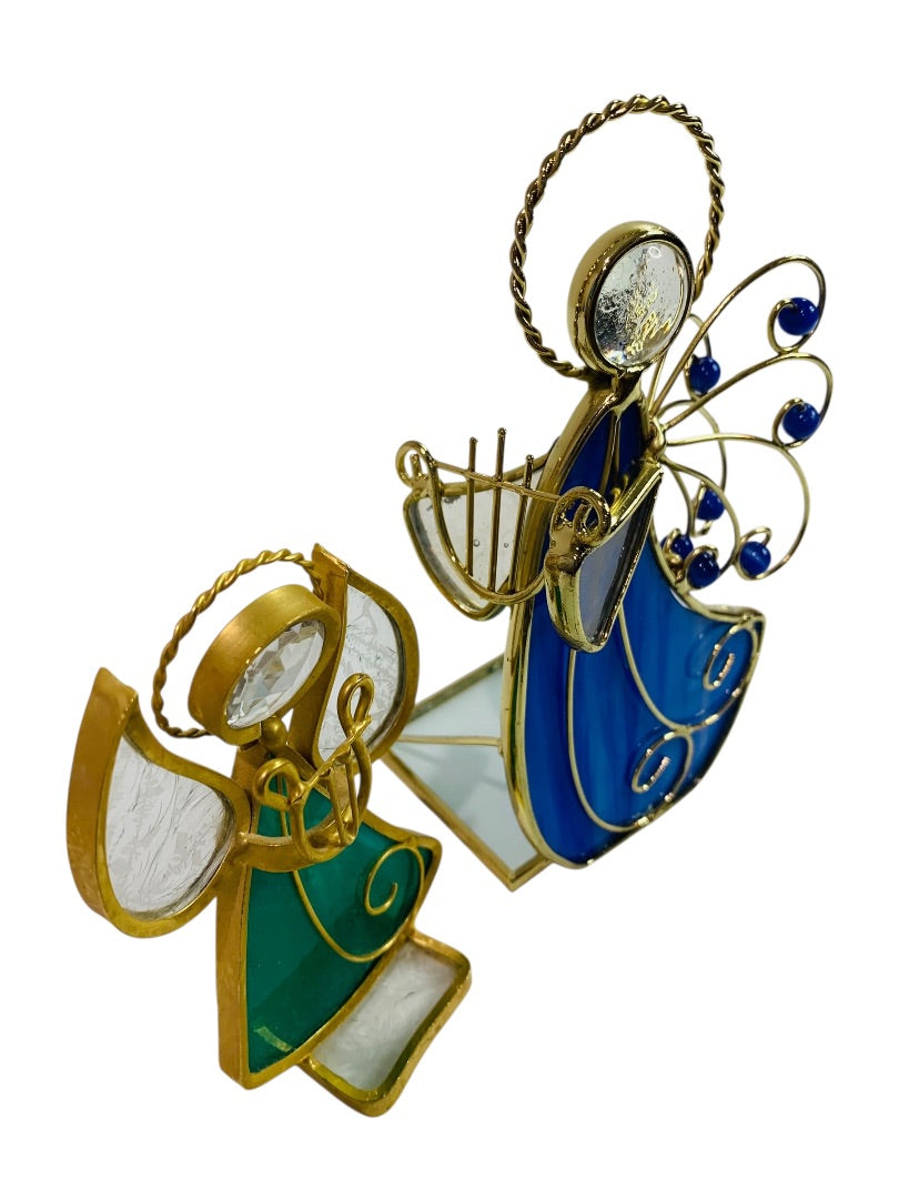 Vintage Tabletop Stained Glass Angels Goldtone Blue Green