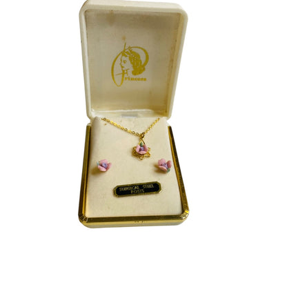 New Delicate Porcelain Pink Flower Jewelry Set Necklace Pierced Earrings Goldtone