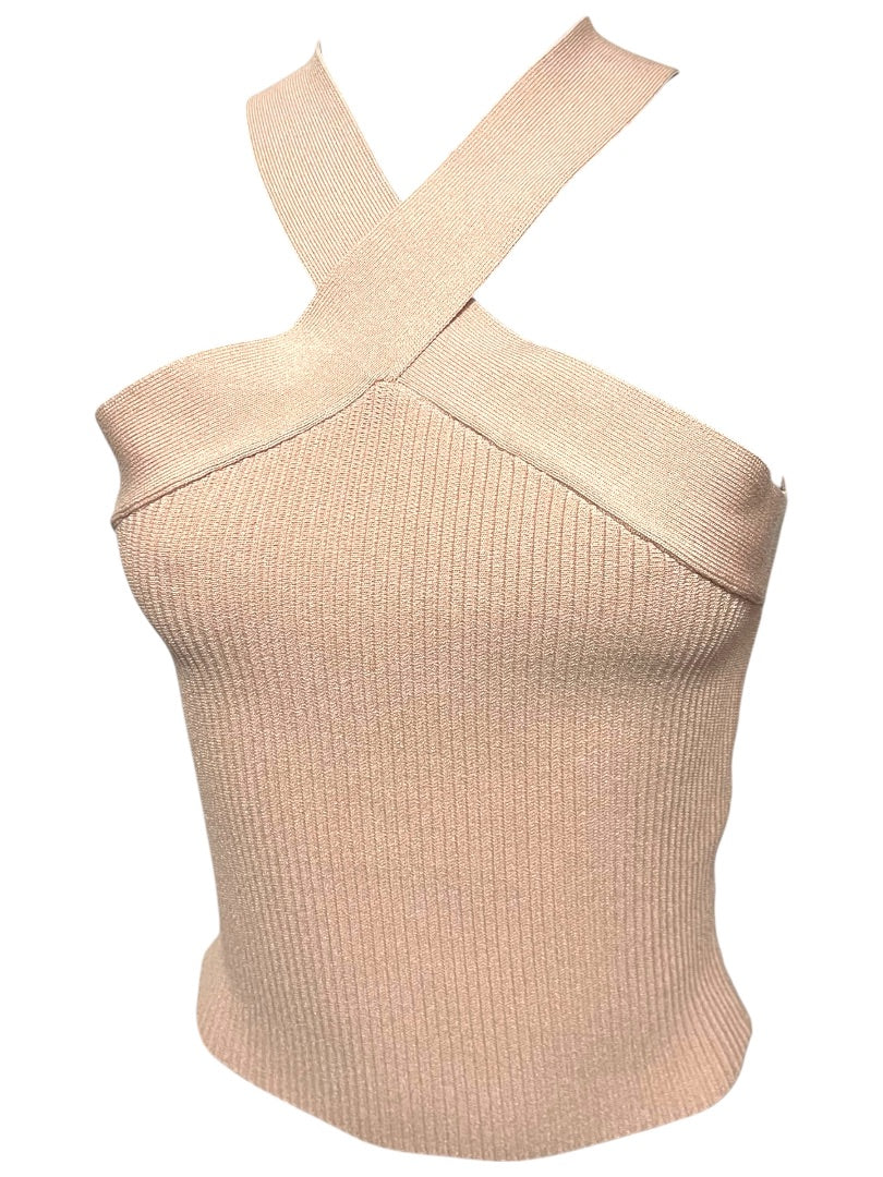 Medium Allie Rose Elegant Criss Cross Cropped Halter Top Pink