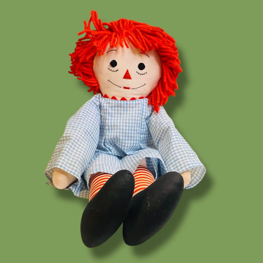 Vintage Raggedy Ann Rag Doll Blue Gingham Dress 25 Inch