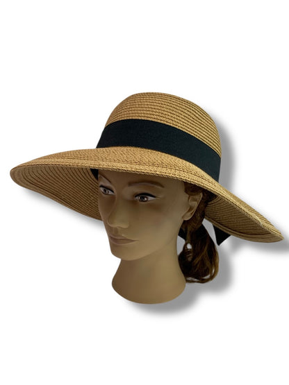 One Size Womens Straw Sunhat Adjustable Band Black Ribbon