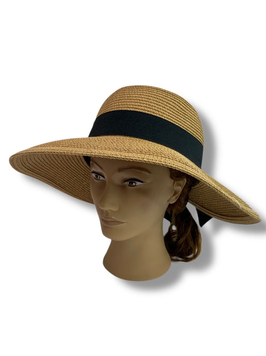 One Size Womens Straw Sunhat Adjustable Band Black Ribbon