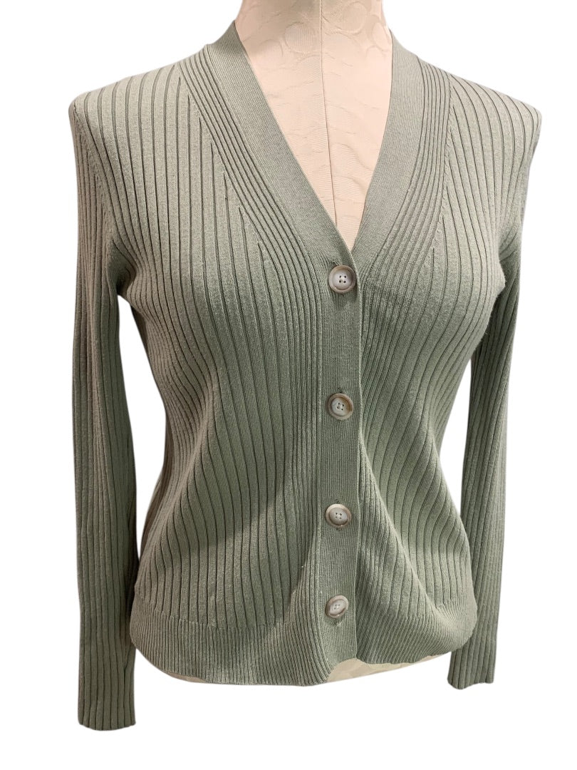 Small Petite Loft Womens V-Neck Sweater Cardigan Sage Green Ribbed