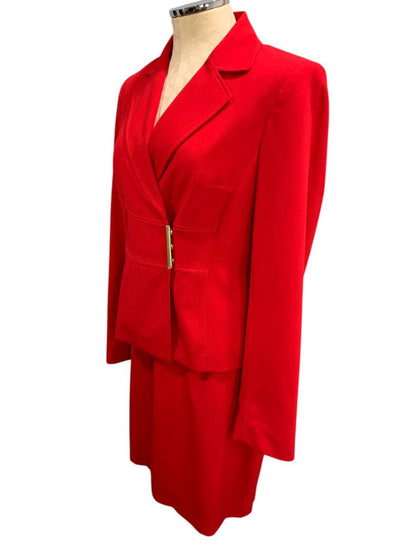 Size 6 Calvin Klein Red Skirt Suit Jacket Snap Closure