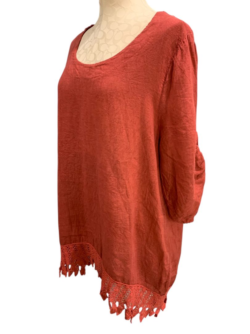1X Lungo L'arno Womens Crochet Trim Tunic Scoop Neck Roll Tab Sleeve Linen