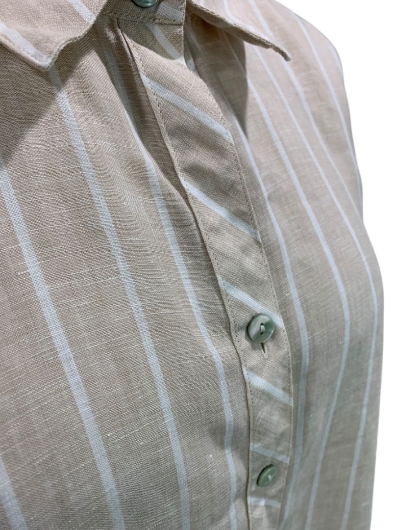 Size XL Chicos Womens Linen Tunic Button Up Blouse Shirt Tan White Stripe