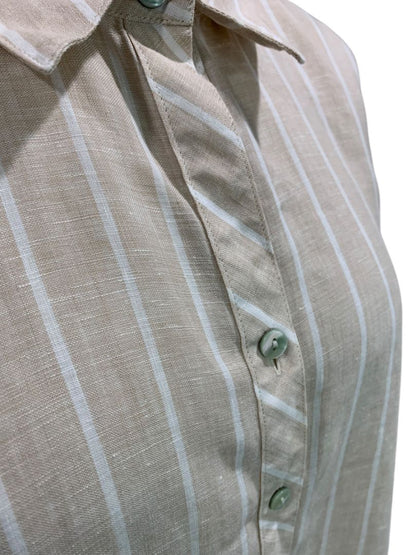 Size XL Chicos Womens Linen Tunic Button Up Blouse Shirt Tan White Stripe