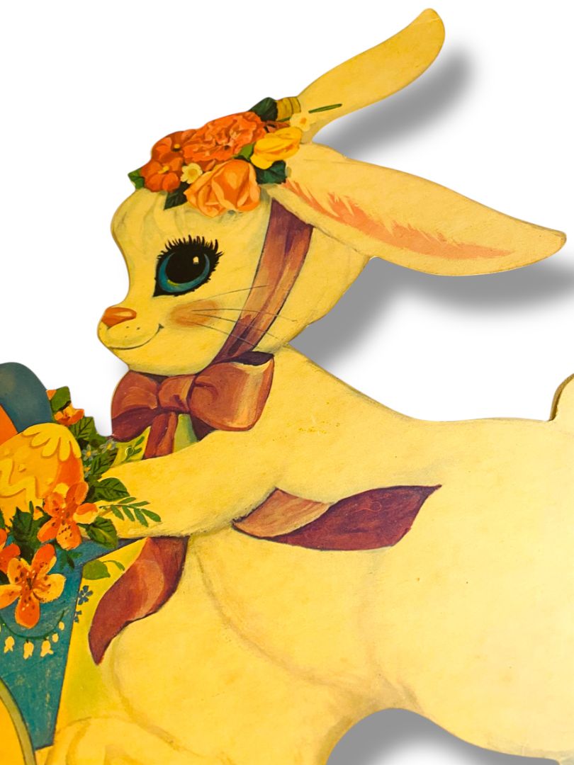 Vintage Bunny Rabbit Pushing Wheelbarrow 16" Diecut Cute Easter