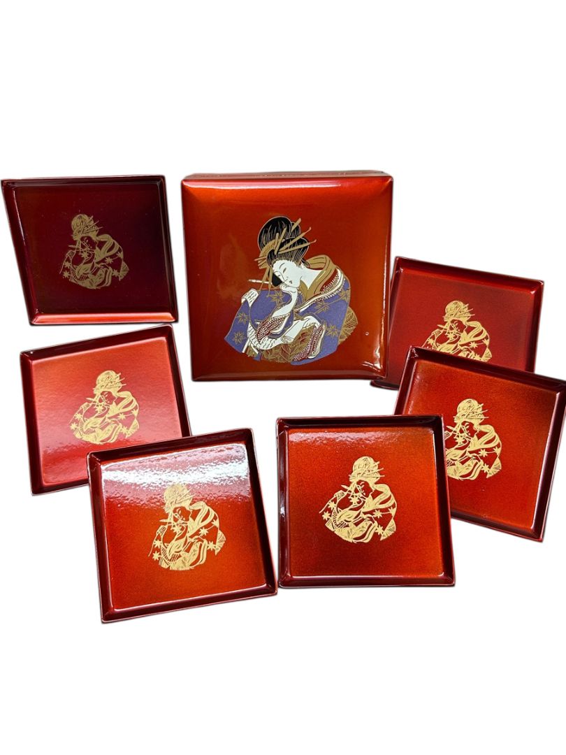 Japanese Lacquerware Box of 6 Coasters Geisha Design 2.8" Square