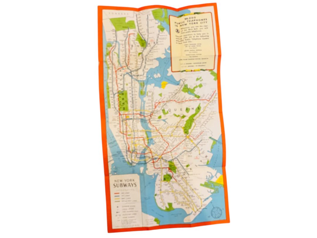 1950s Map of New York City Subway & Elevated Lines Bell System NY Telephone CO