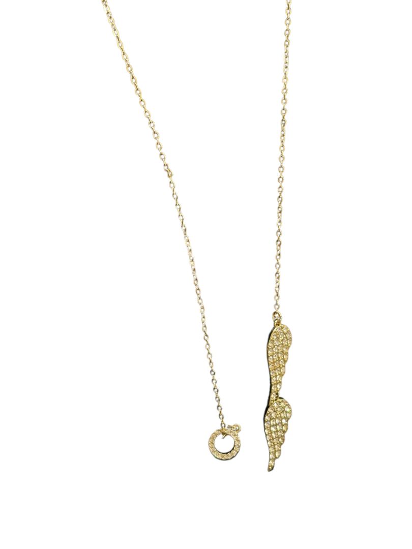 Goldtone Necklace Overhead Adjustable Feathers Rhinestones 26"