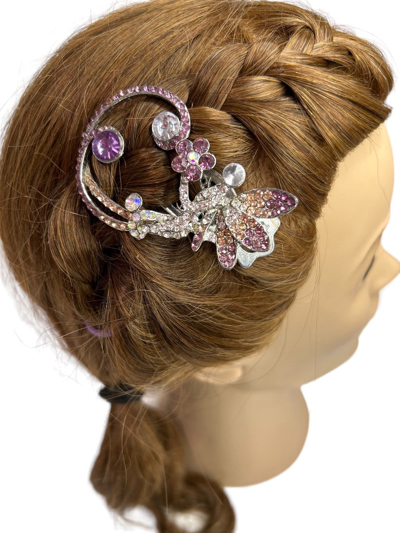 Purple Pink Rhinestone 3.5" Hair Clip Hair Accessory Formal Silvertone