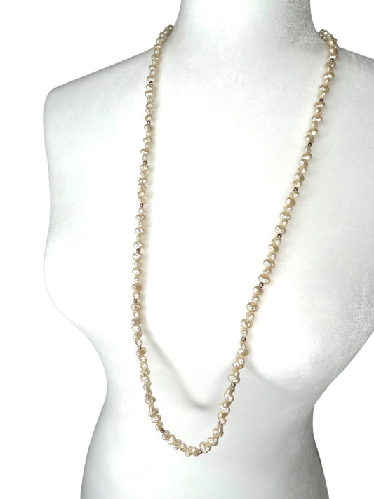 Faux Freshwater Pearl Beaded Necklace 34" Strand String Goldtone Spacers