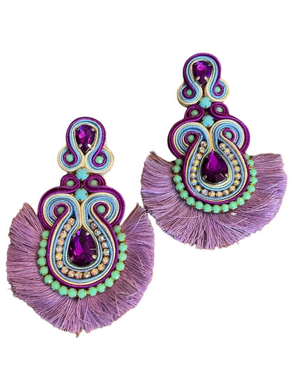 Soutache Post Earrings Purple Teardrops Fringe 4" Drop Dangle Post Pierced