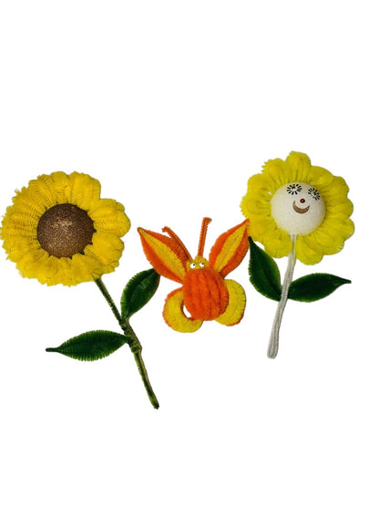 Handmade Vintage 1970s Flower Butterfly Magnets Sunflower Chenille Pipe Cleaner Googly Eyes