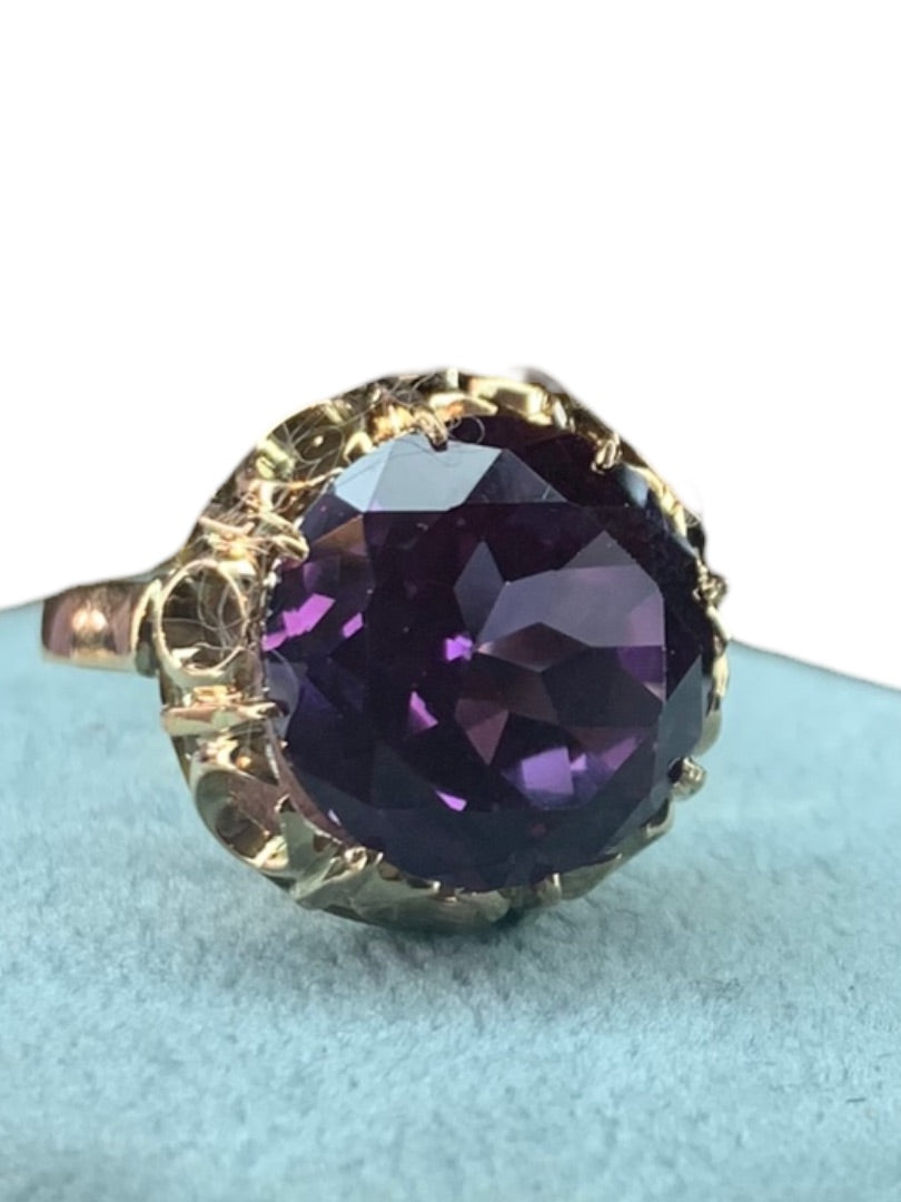 14k Yellow Gold Lab Created Round Amethyst Solitaire Ring Size 7.5