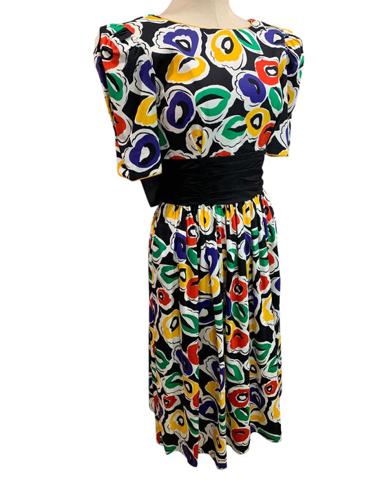 Size 6 David Warren Vintage 1980s Colorful Print Midi Dress Pockets Cotton